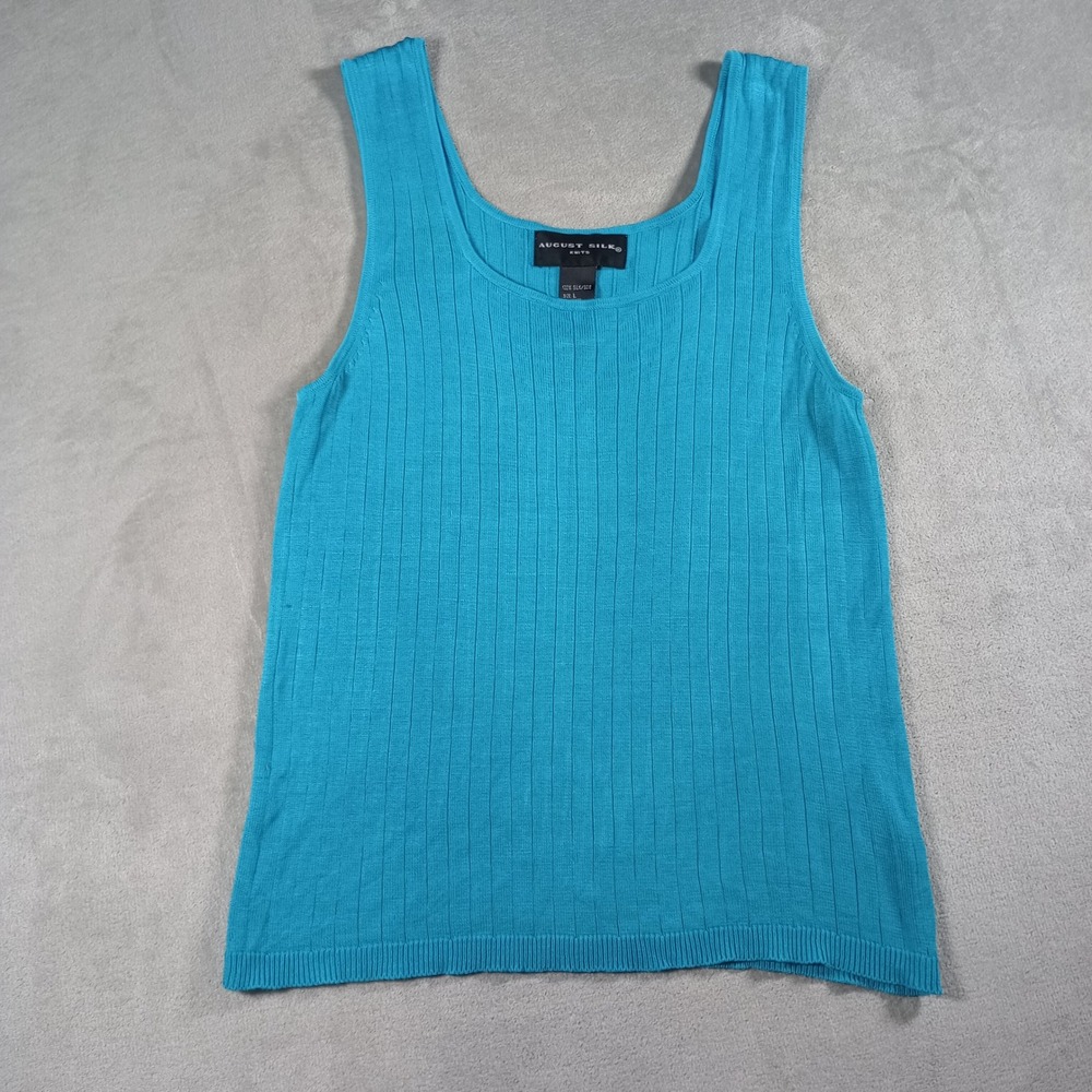 August Silk Tank Top Womens L Blue 100% Silk Ribbed Knit Scoop Neck Minimalist